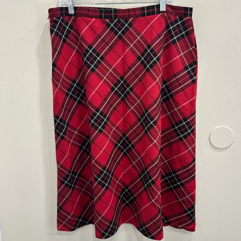 Red Plaid Tartan Midi Skirt Bias Cut A-Line Red Black White Classic Preppy Sz 14